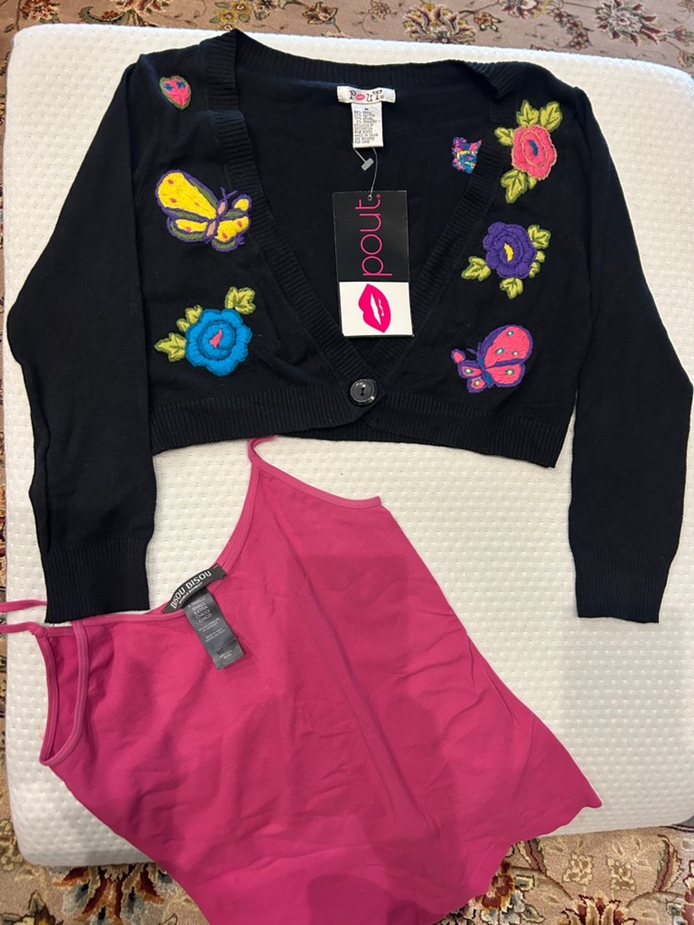 Black Cropped Cardigan with Colorful Embroidered Flowers & Butterflies-M-NWT